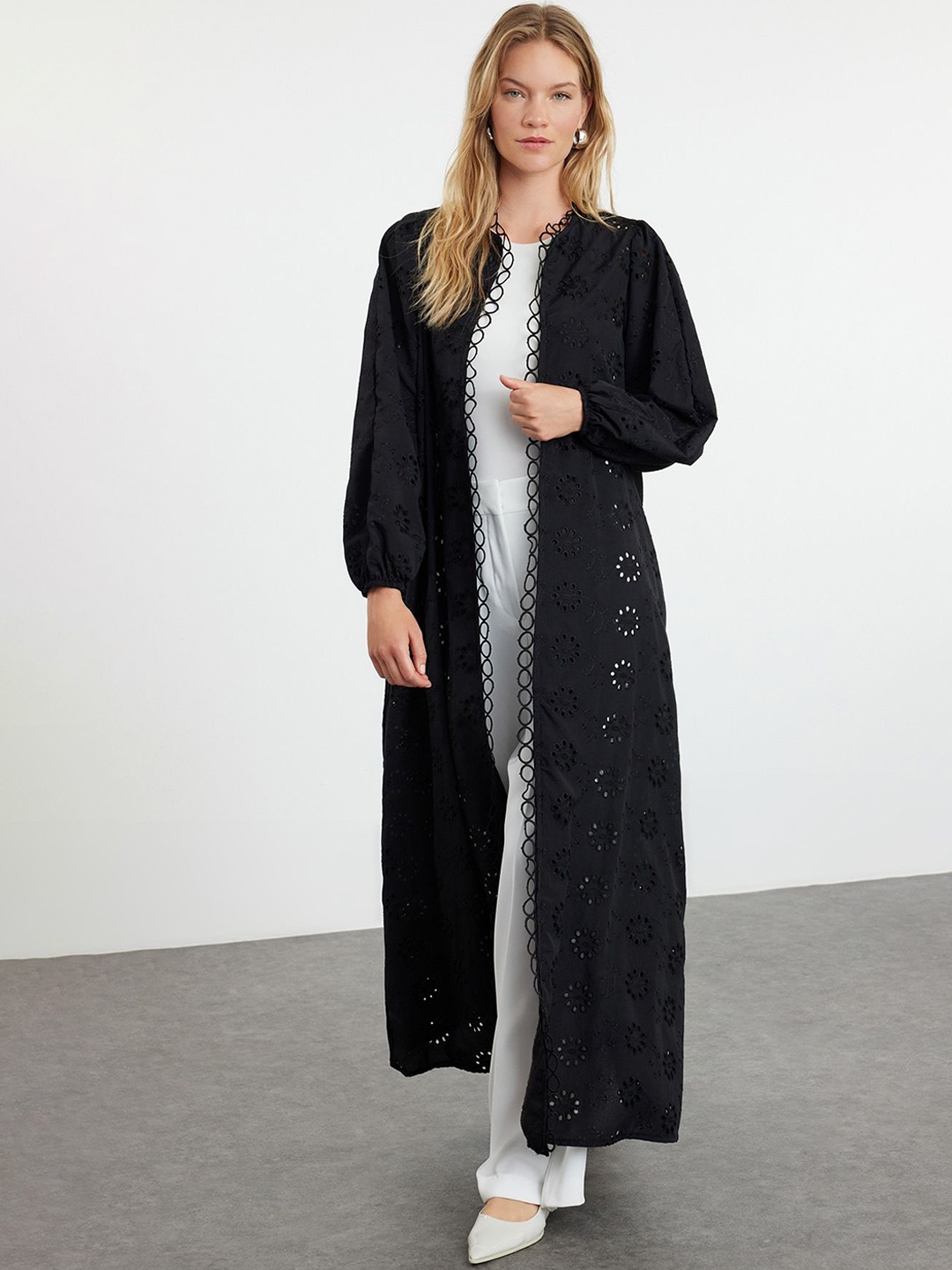 

Trendyol Embroidered Longline Open Front Shrug, Black