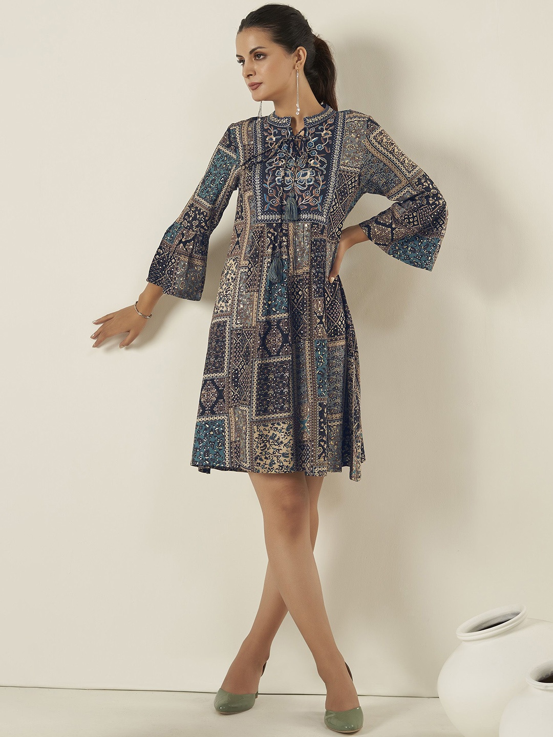 

Anouk Floral Embroidered A-Line Knee-Length Ethnic Dresses, Navy blue