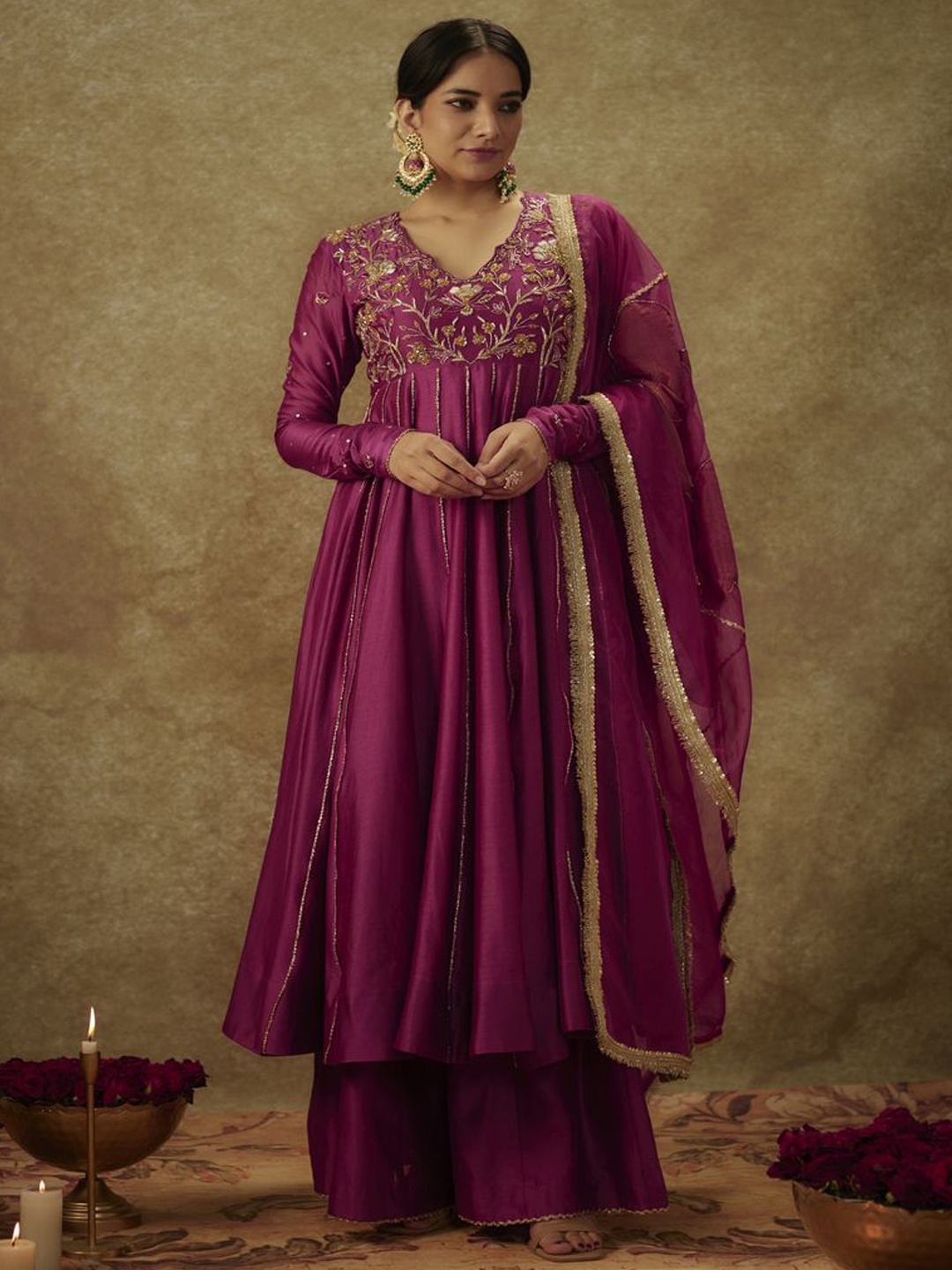 

The Aarya Floral Embroidered Empire Chanderi Silk Kurta With Palazzos & Dupatta, Magenta