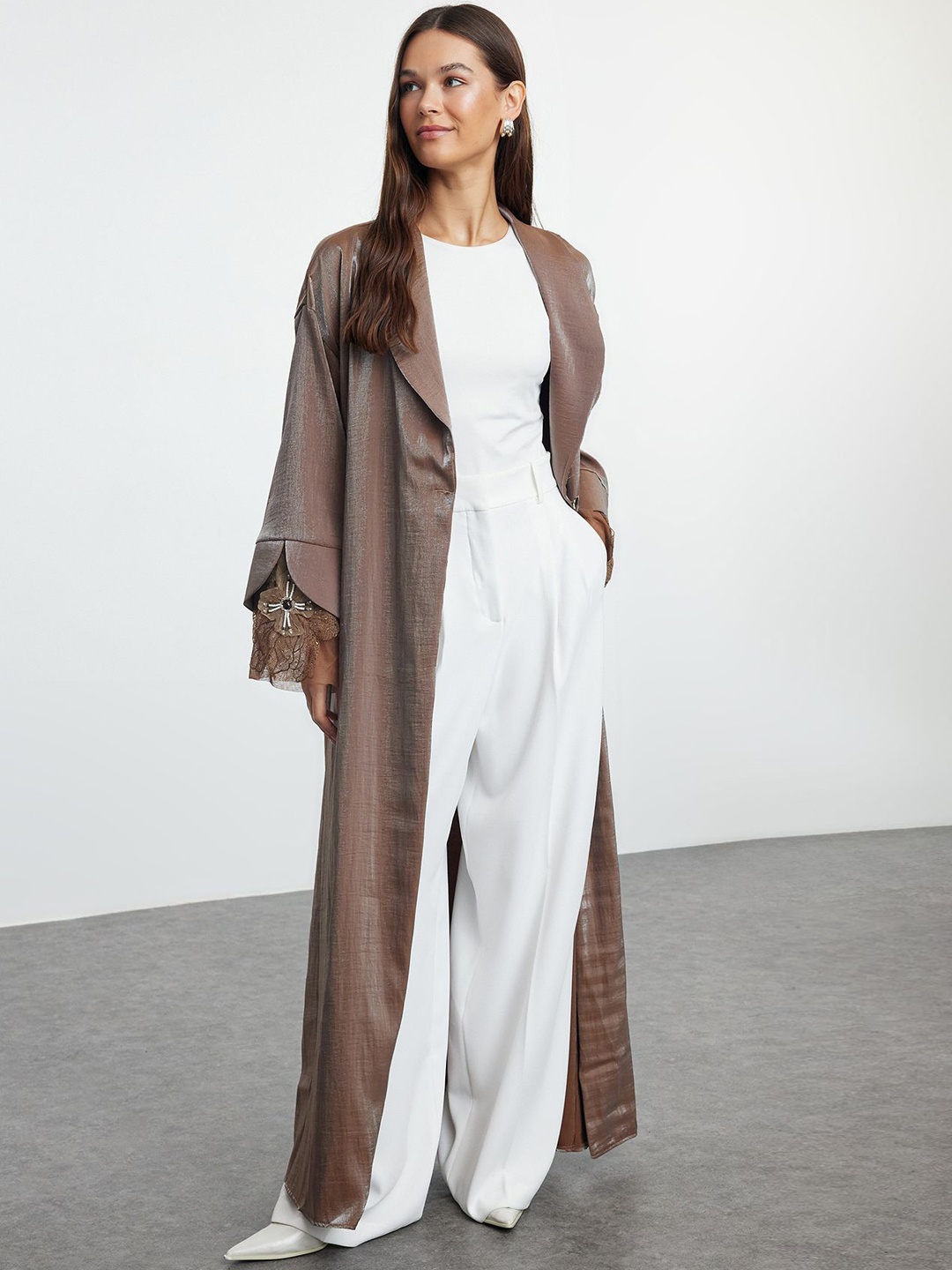 

Trendyol Lapel Collar Open Front Longline Shrug, Peach