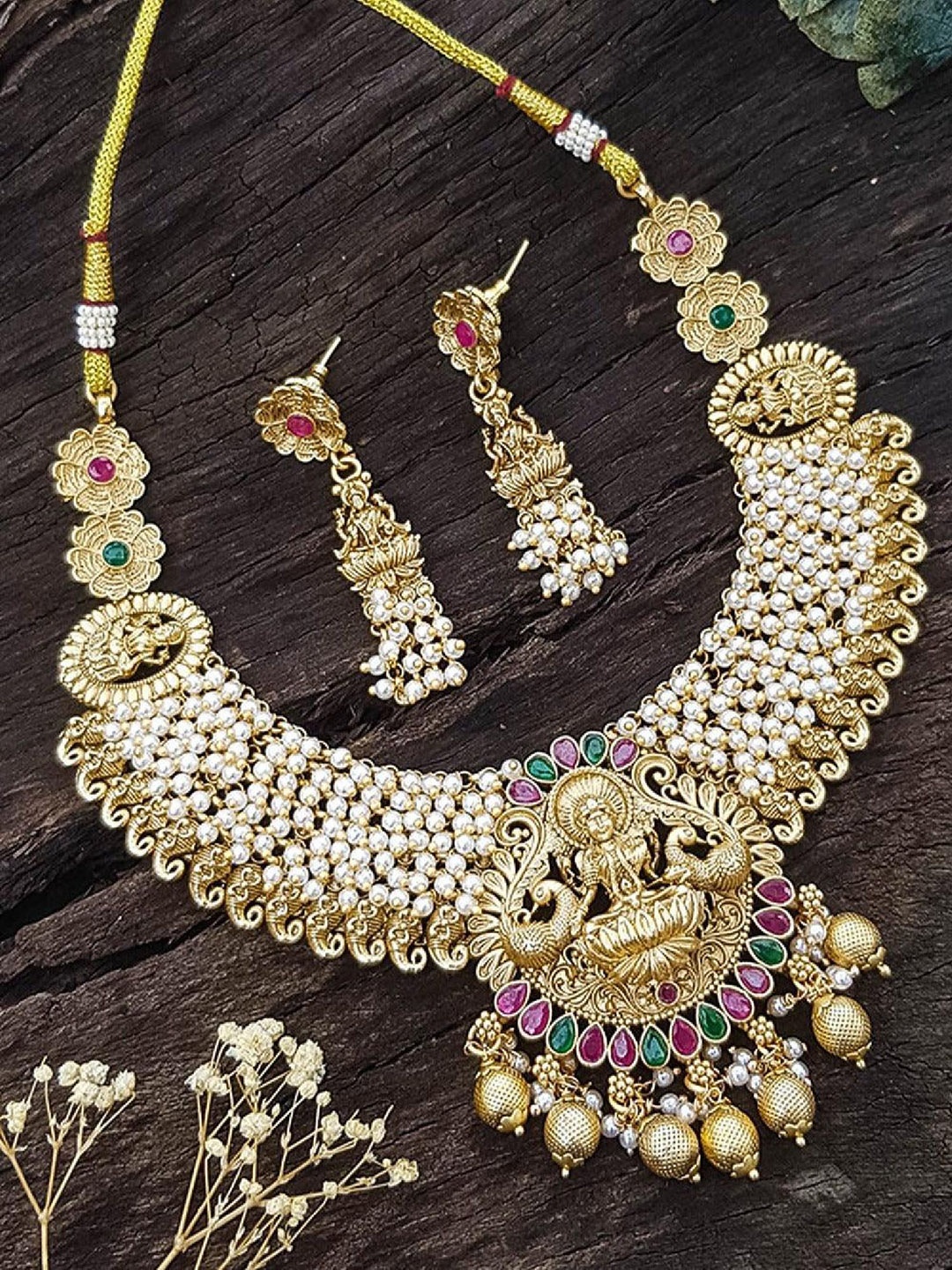 

GRIIHAM Gold-Plated CZ Studded & Beaded Temple Necklace and Earrings