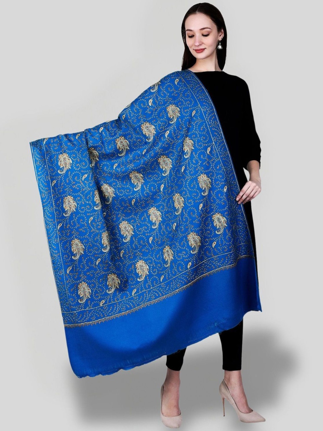 

SWI Stylish Pure Woollen Paisley Embroidered Shawl, Blue