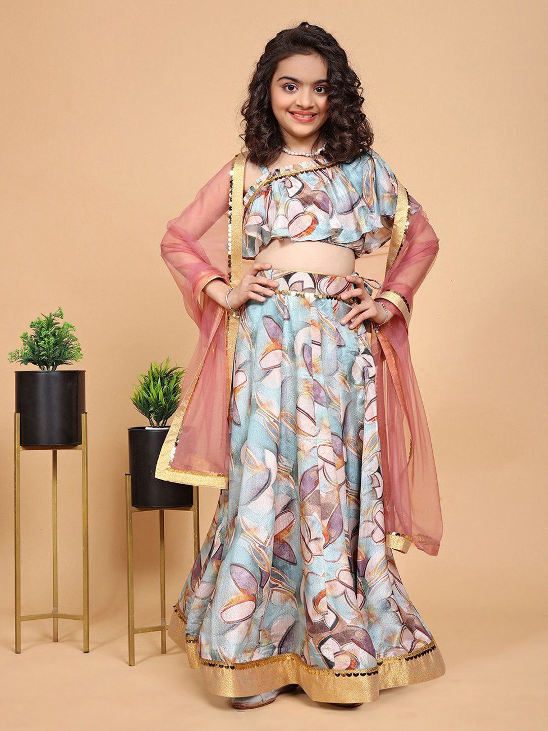 

Jogmaya Fashion Girls Abstract Printed Ready to Wear Lehenga & Blouse With Dupatta, Blue