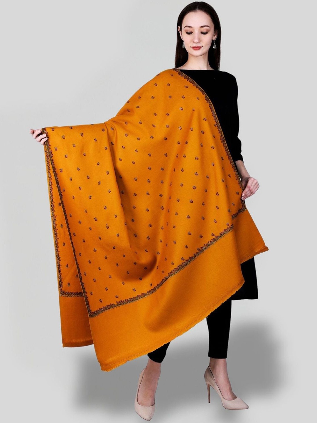 

SWI Stylish Ethnic Motifs Embroidered Woollen Shawl, Mustard