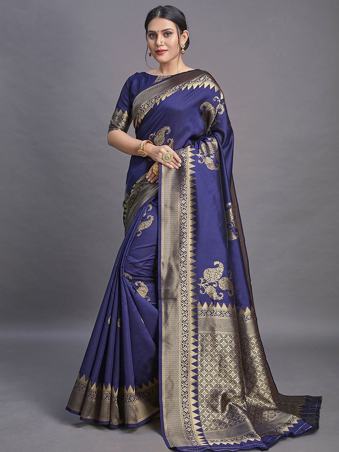 

LEAFFEB Woven Design Zari Pure Silk Banarasi Saree, Navy blue