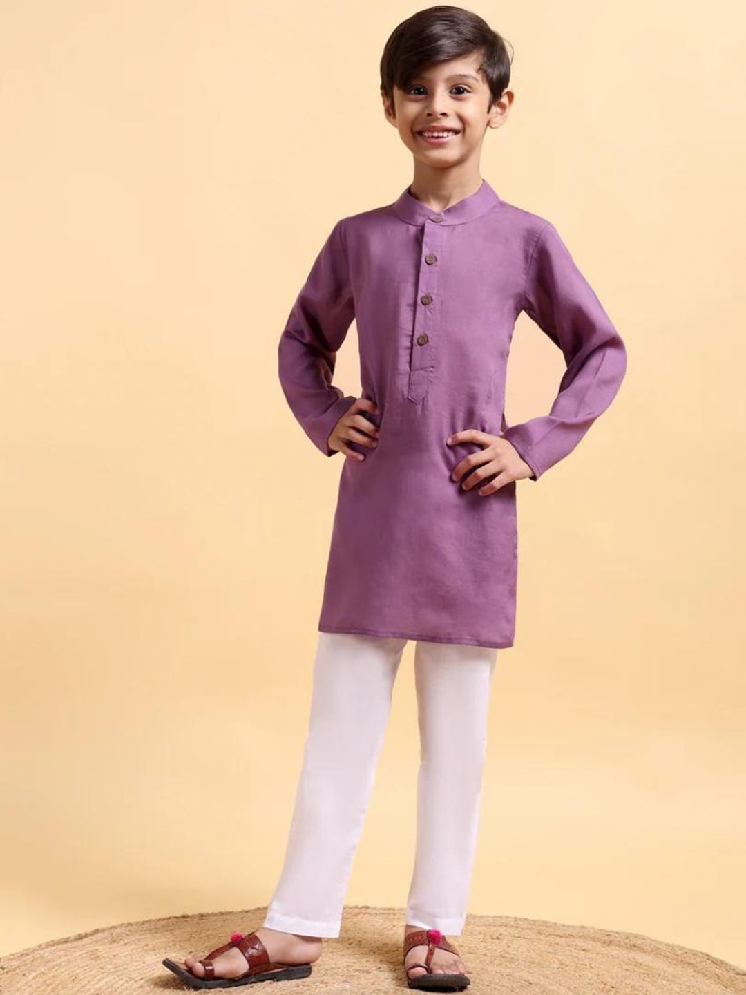 

Mera Rang Boys Band Collar Cotton Linen Straight Kurta With Pyjama, Purple