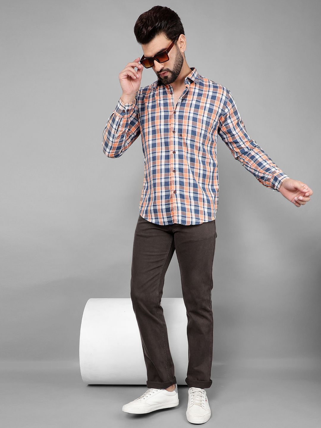 

COBB Men Slim Fit Tartan Checks Opaque Checked Casual Shirt, Orange
