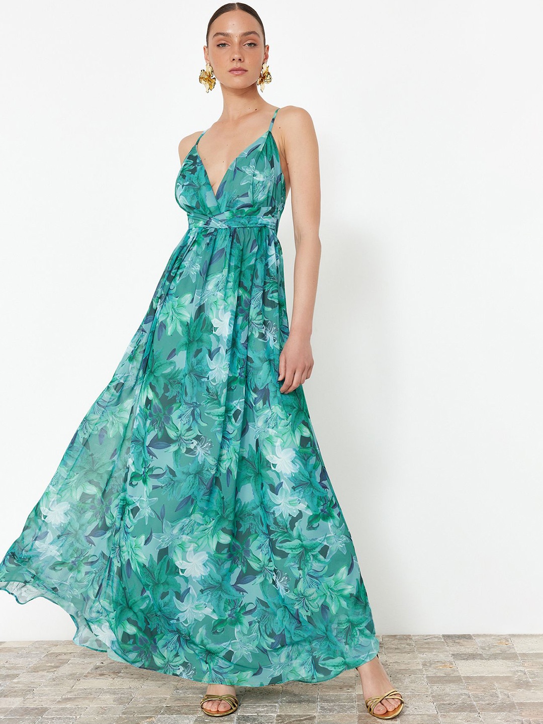 

Trendyol Floral Printed Shoulder Straps Sleeveless Maxi Dress, Sea green