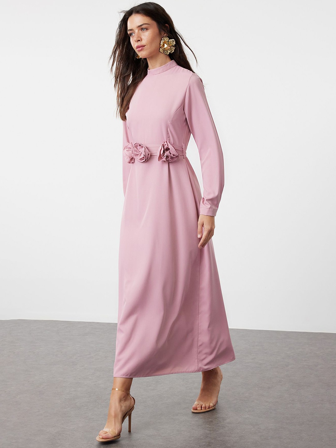 

Trendyol women Mock Neck Cuffed Sleeves Maxi Dress, Pink