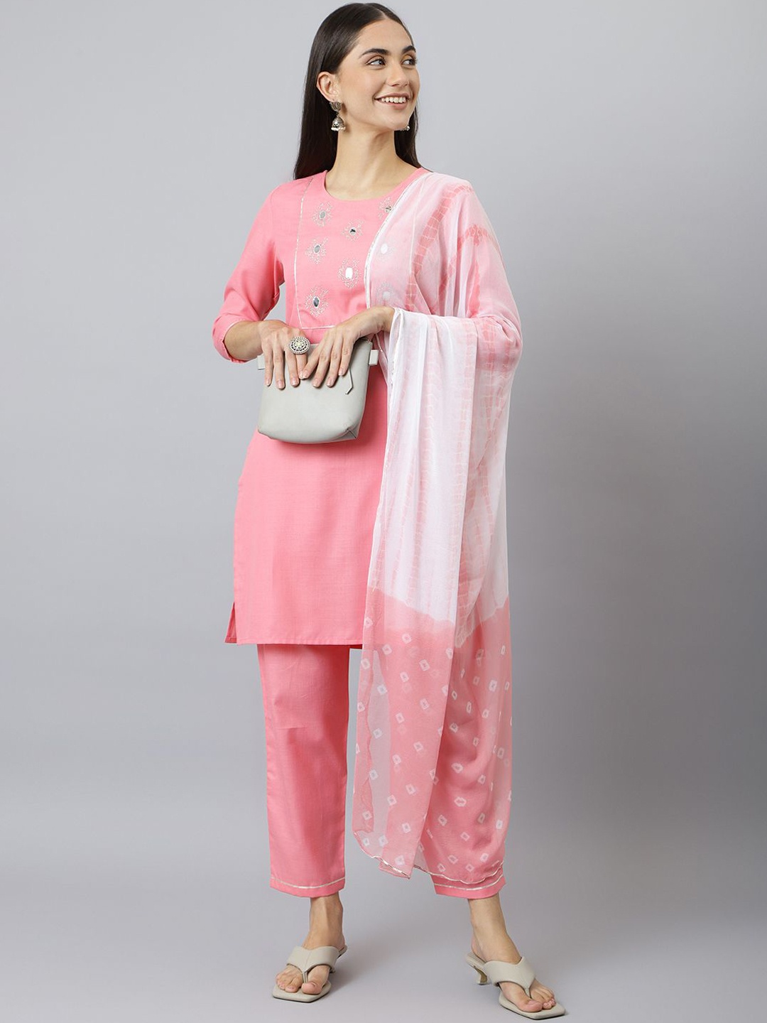 

KALINI Floral Embroidered Mirror Work Kurta with Trousers & Dupatta, Pink