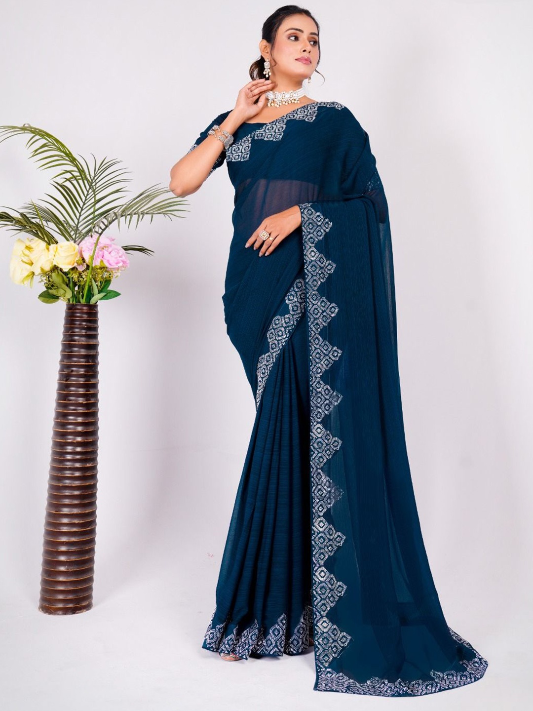 

Mitera Beads and Stones Embellished Pure Chiffon Saree, Teal
