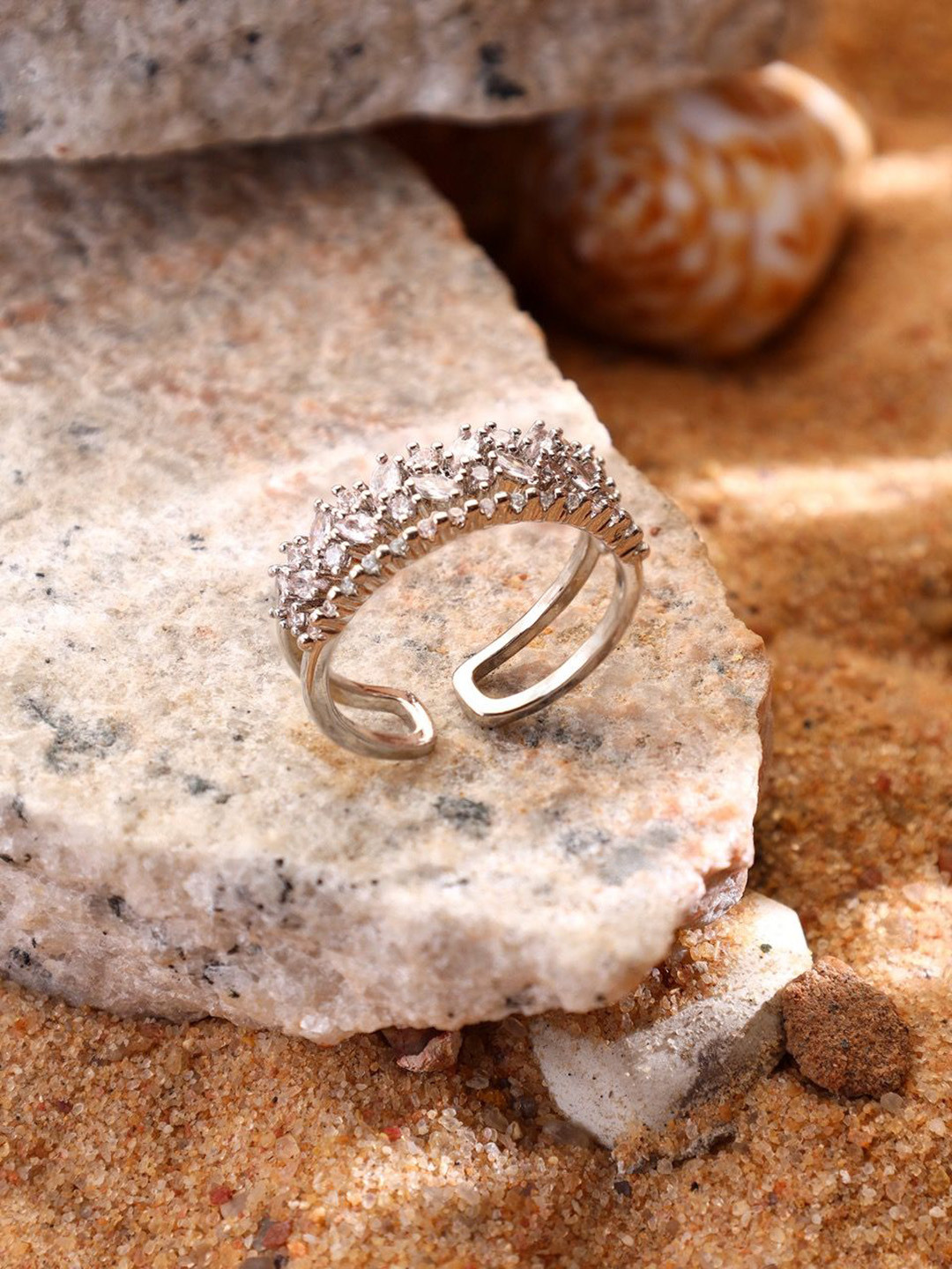 

KACY Silver-Plated Cubic Zirconia Studded Adjustable Finger Ring