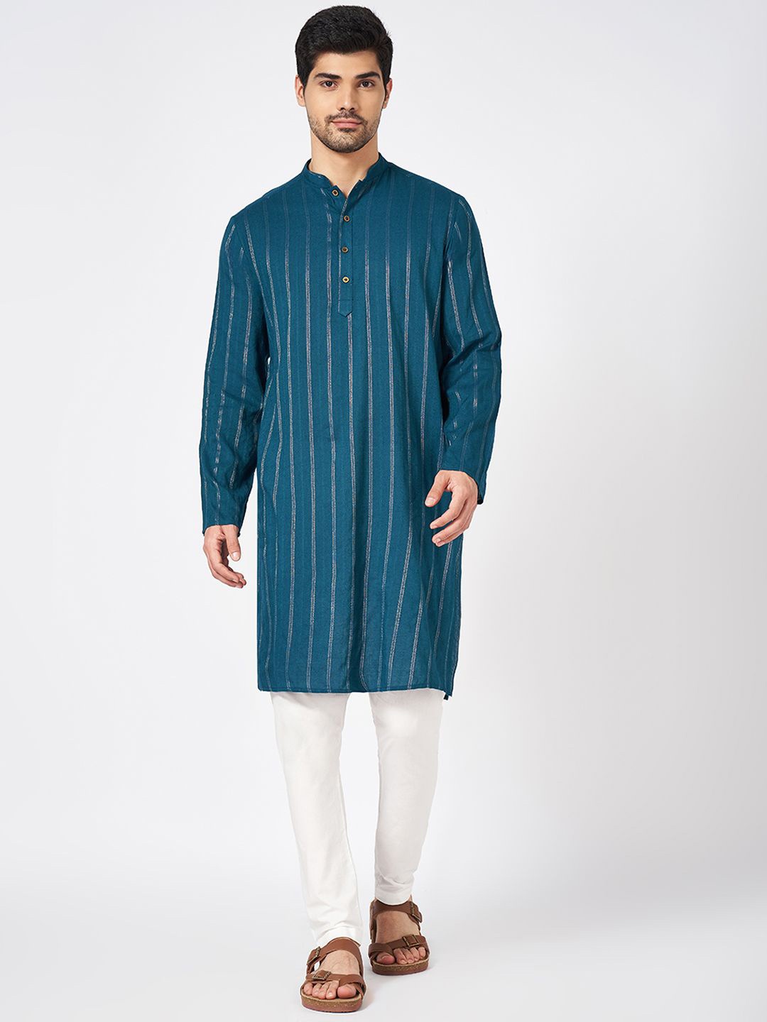 

indus route by Pantaloons Mandarin Collar Striped Straight Kurta, Teal