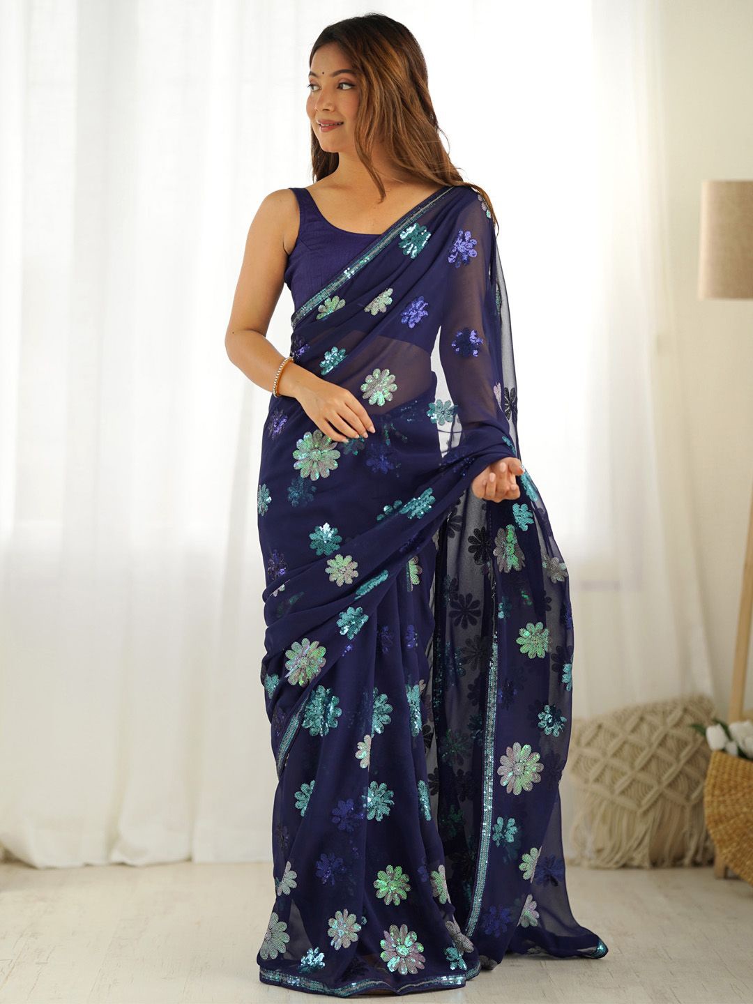 

Anouk Embellished Sequinned Poly Georgette Saree, Navy blue