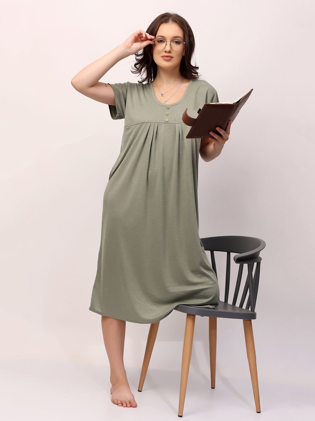 

NIGHT KEYS Women Striped Midi Nightdress Hosiery-Short-Pista Green-XL