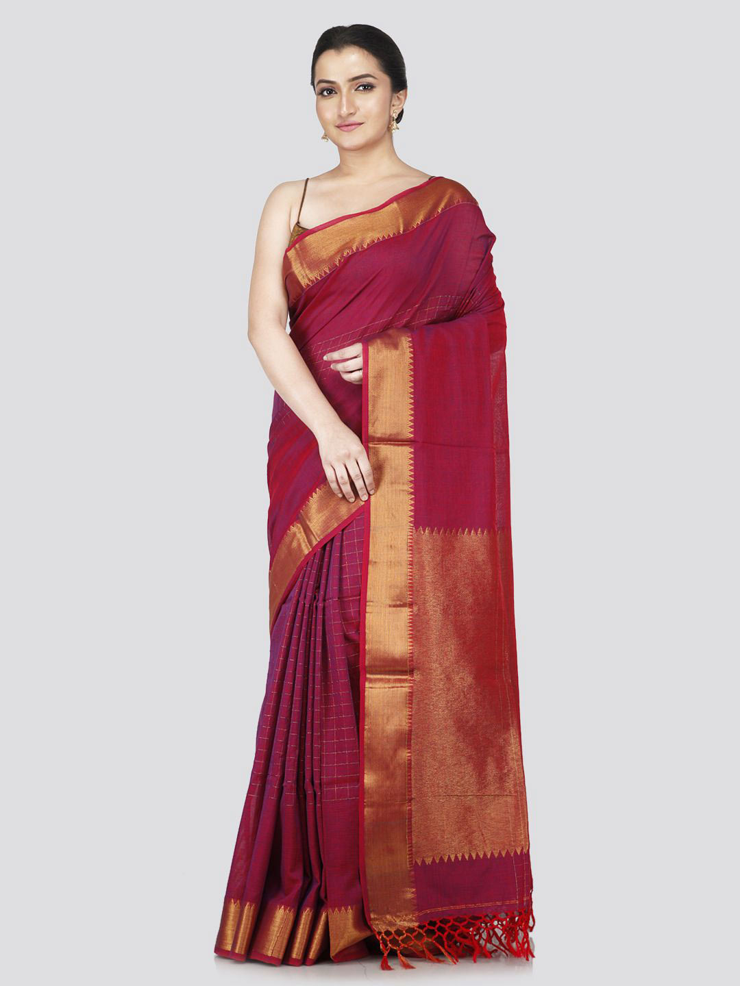 

PinkLoom Checked Zari Silk Cotton Saree, Maroon