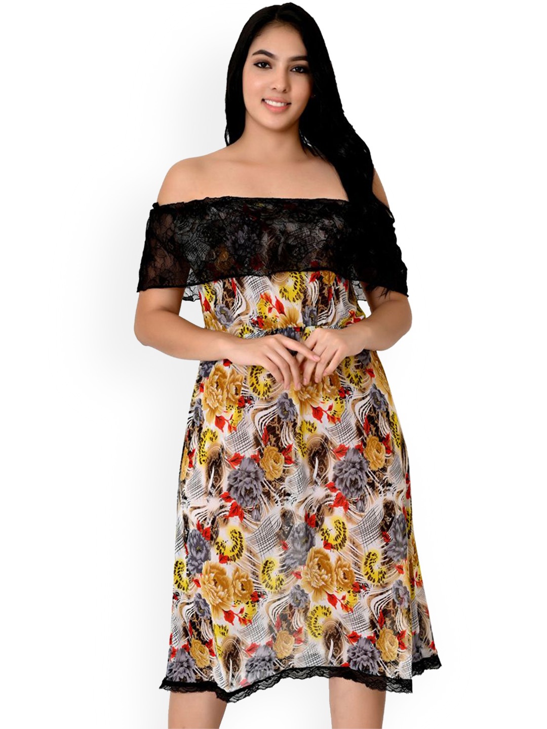 

chia fashions Off Shoulder Floral Nightdress, Brown