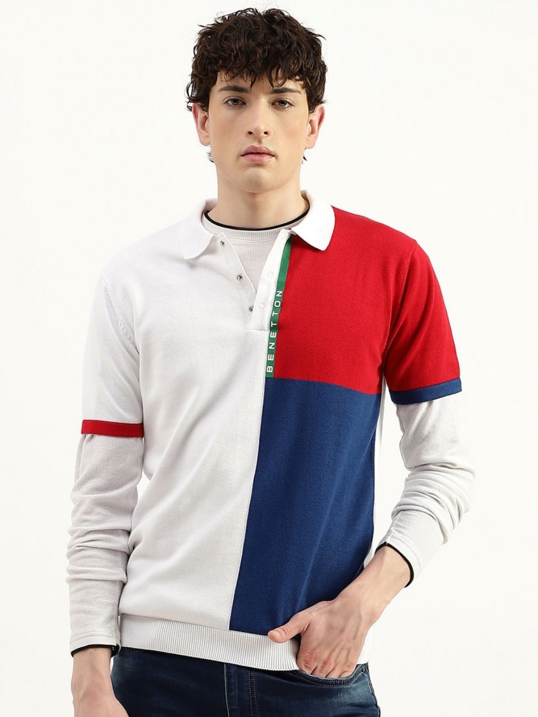 

United Colors of Benetton Men Colourblocked Polo Collar Pure Cotton T-shirt, White