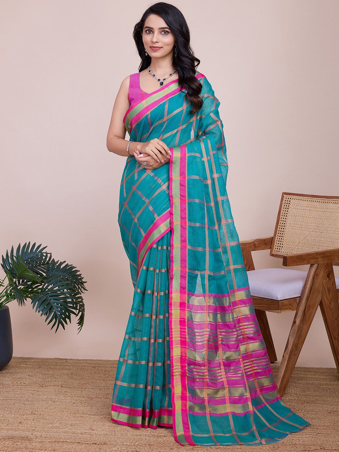 

LeeliPeeri Designer Checked Zari Saree, Teal