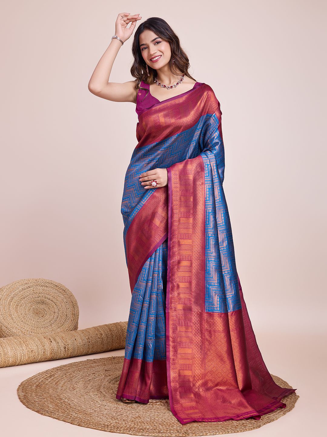 

CARTYSHOP Geometric Zari Woven Banarasi Saree, Blue