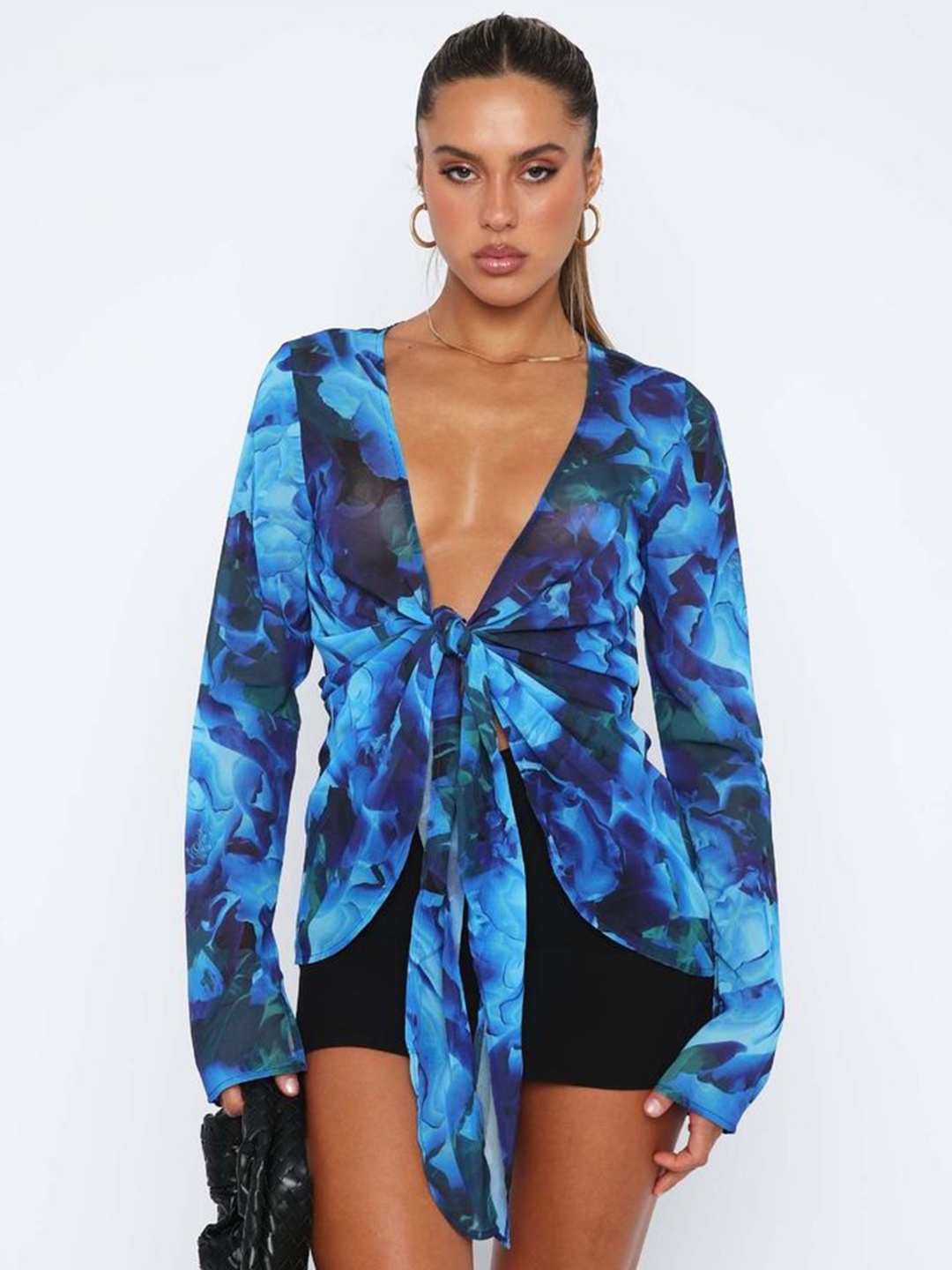 

LULU & SKY Floral Print Flared Sleeve Top, Blue