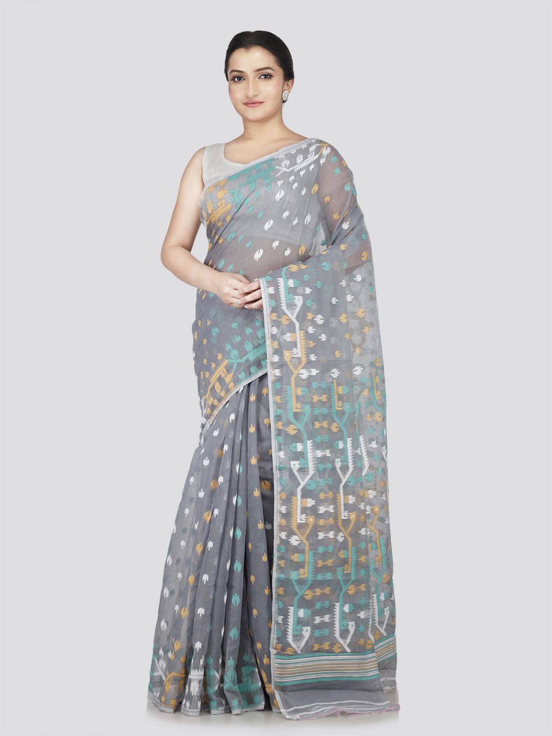 

PinkLoom Floral Zari Pure Cotton Jamdani Saree, Grey