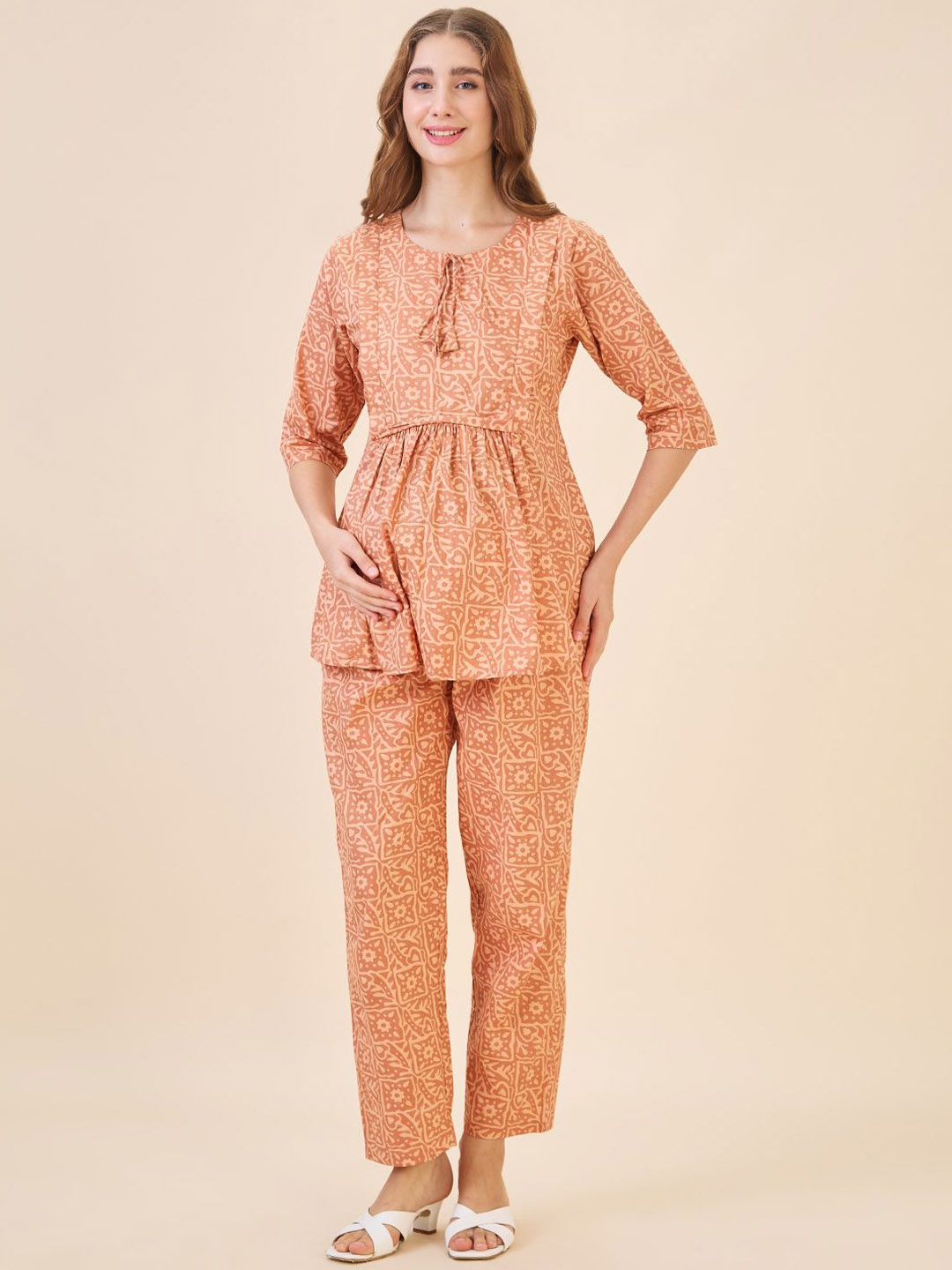 

AV2 Printed Pure Cotton Maternity Tunic With Trouser, Orange