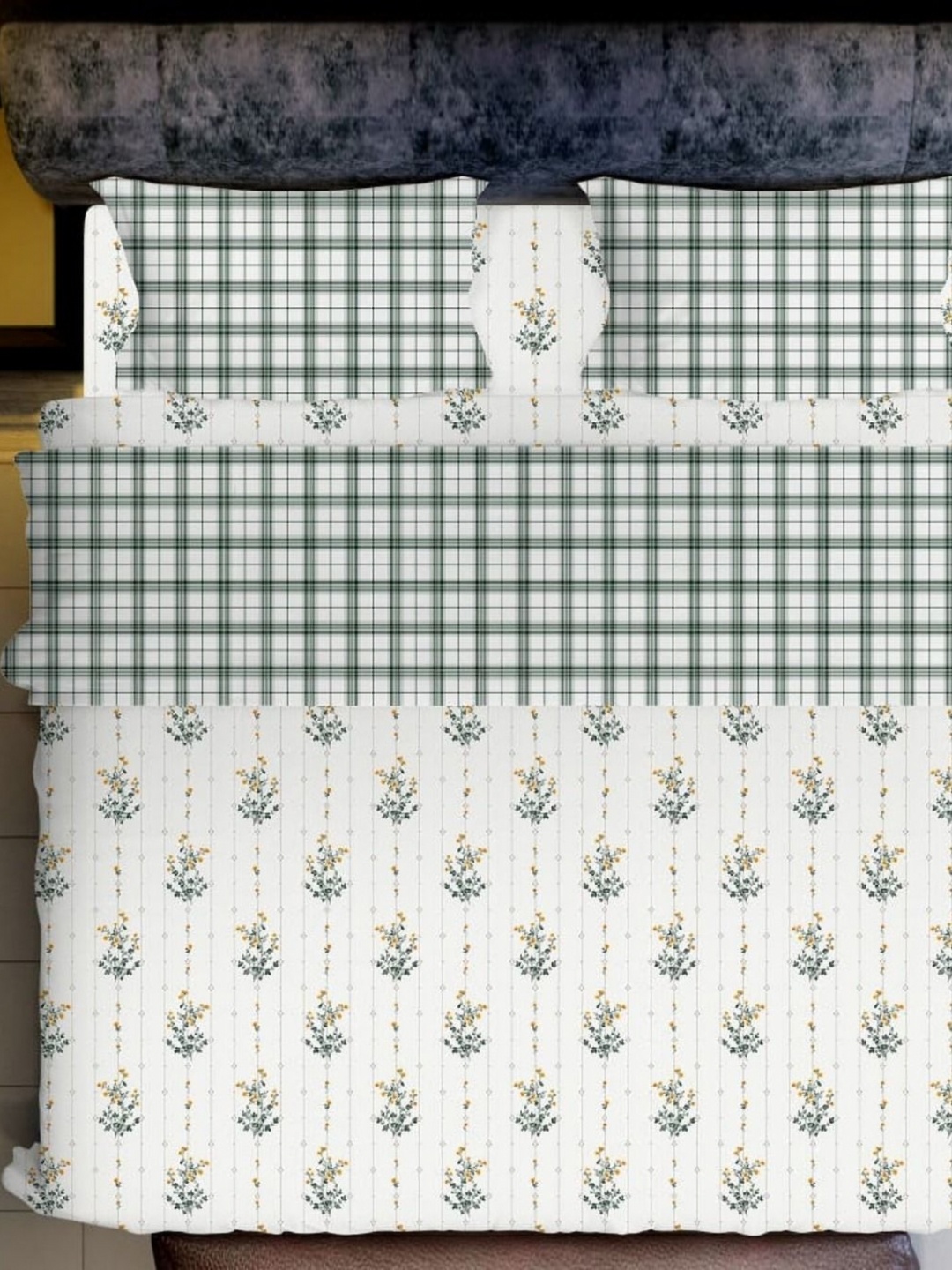 

Laying Style White & Green Printed Double King Bedding Set