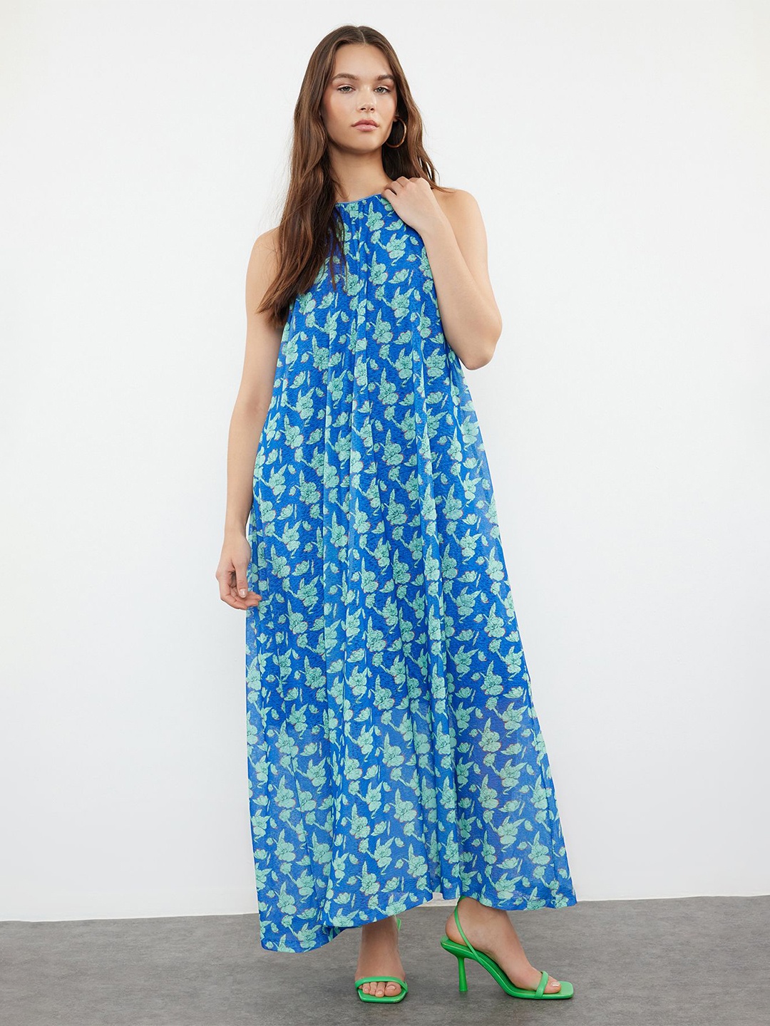 

Trendyol Floral Printed Halter Neck A-Line Maxi Dress, Blue