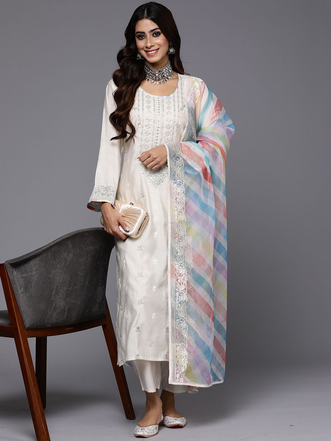 

Indo Era Cream-Coloured Embroidered Sequined Cotton Zari Kurta With Trousers & Dupatta