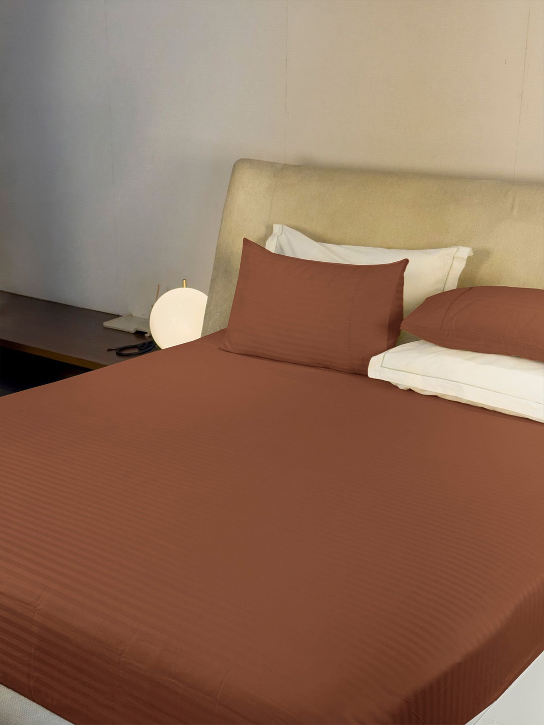 

LABHAM Simple Living Brown Striped 210 TC Satin King Bedsheet With 2 Pillow Covers