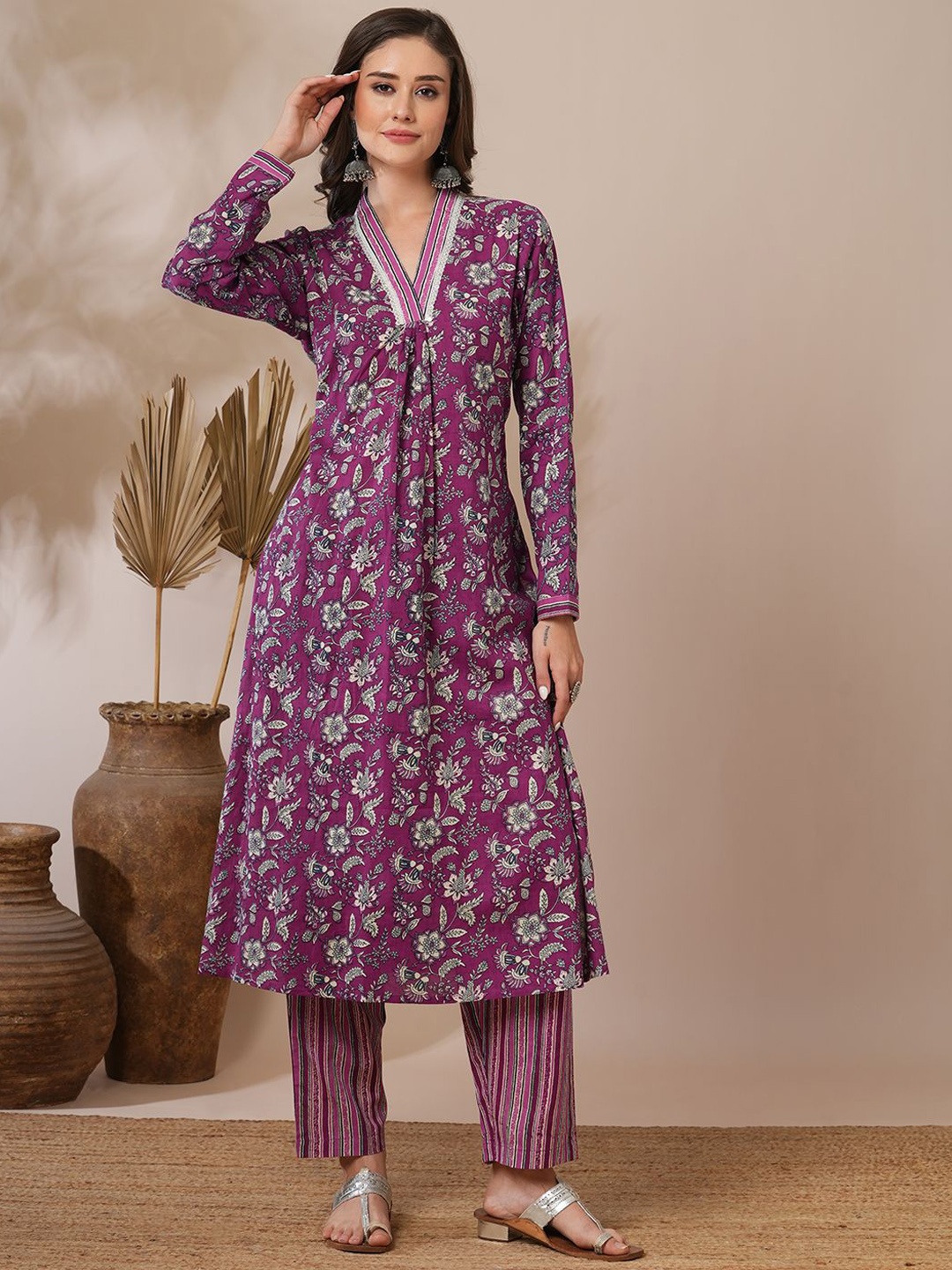 

FASHOR Floral Printed Pure Cotton A-Line Kurta With Trouser, Purple