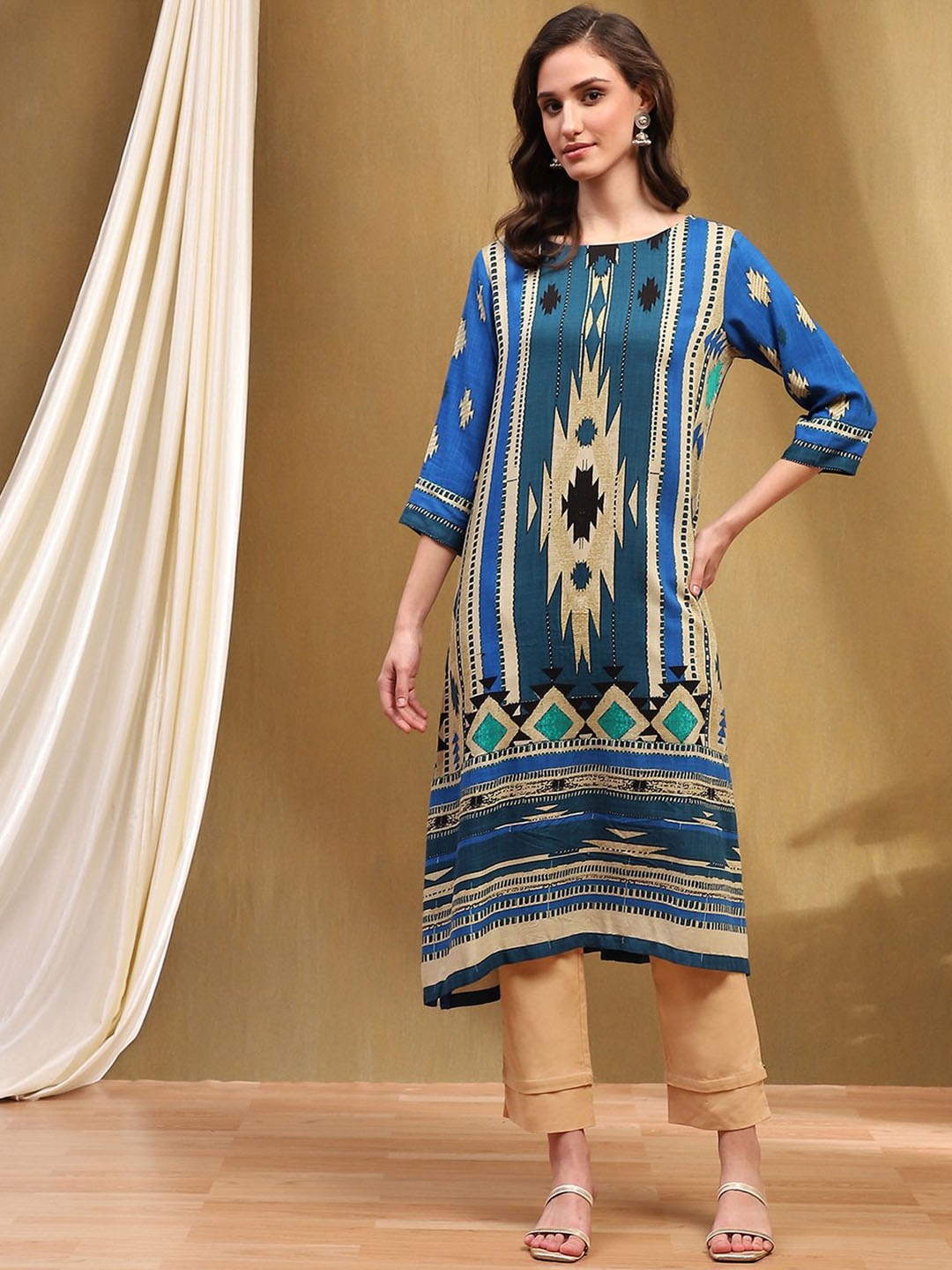 

Biba Ethnic Motifs Printed Straight Kurta, Blue