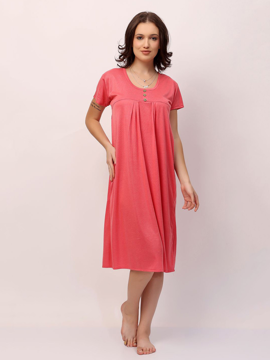 

NIGHT KEYS Women Striped Midi Nightdress Hosiery-Short-Pink-M