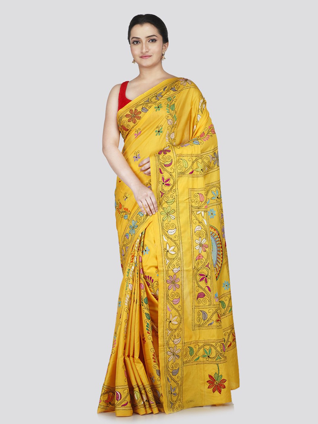 

PinkLoom Floral Kantha Work Pure Silk Saree, Yellow