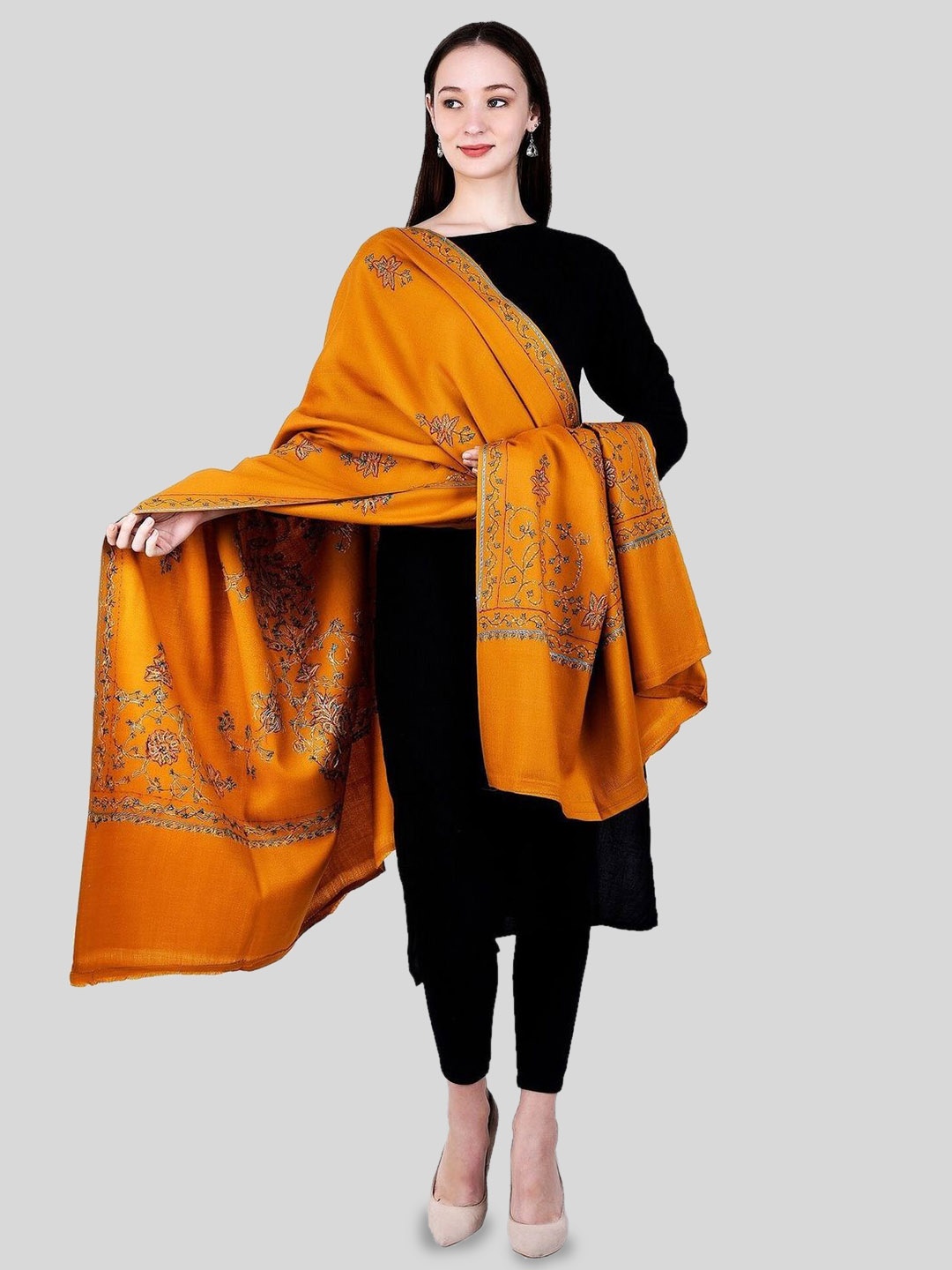 

SWI Stylish Floral Printed Woollen Shawl, Mustard