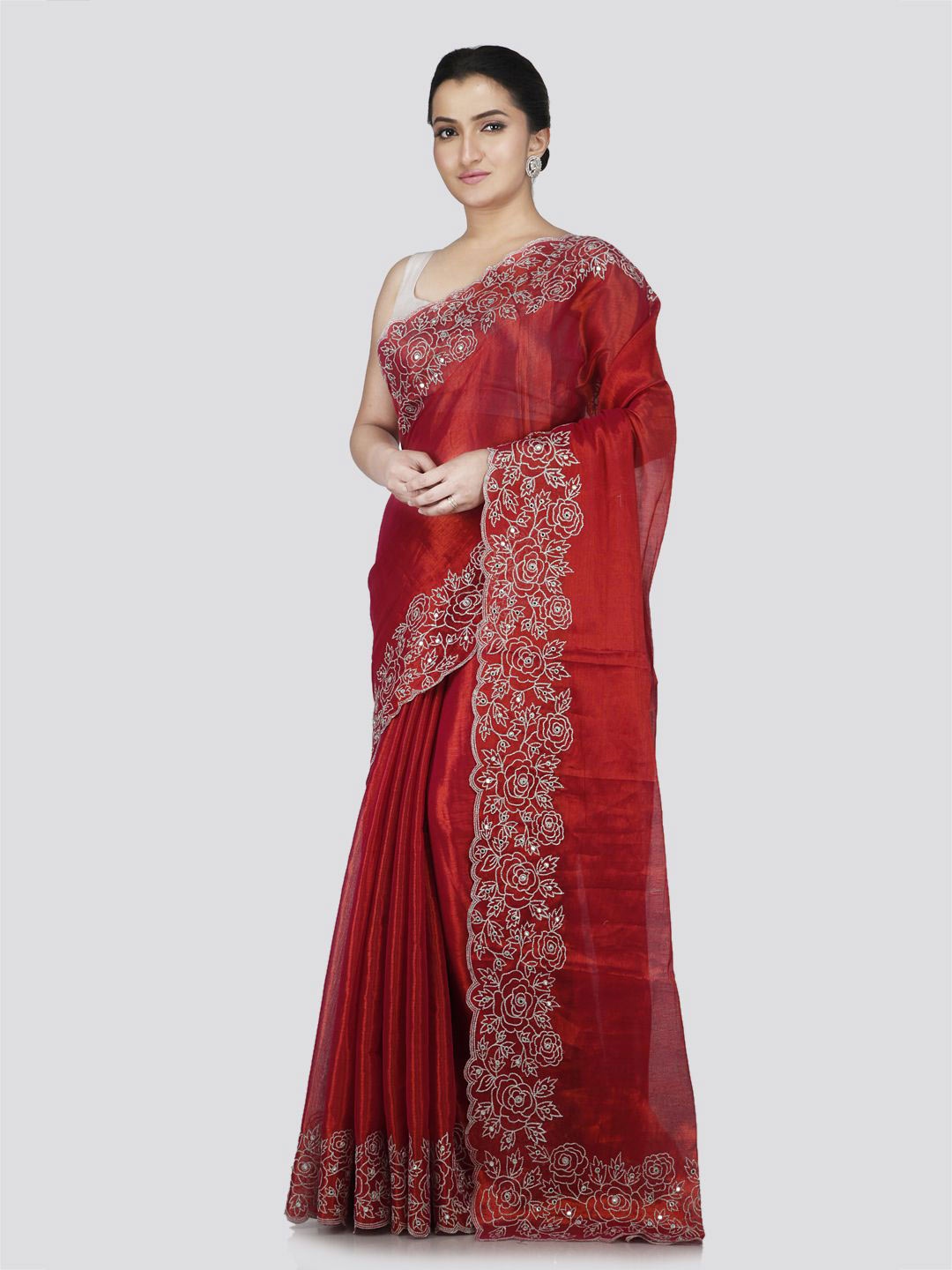 

PinkLoom Mirror Work Silk Blend Saree, Red