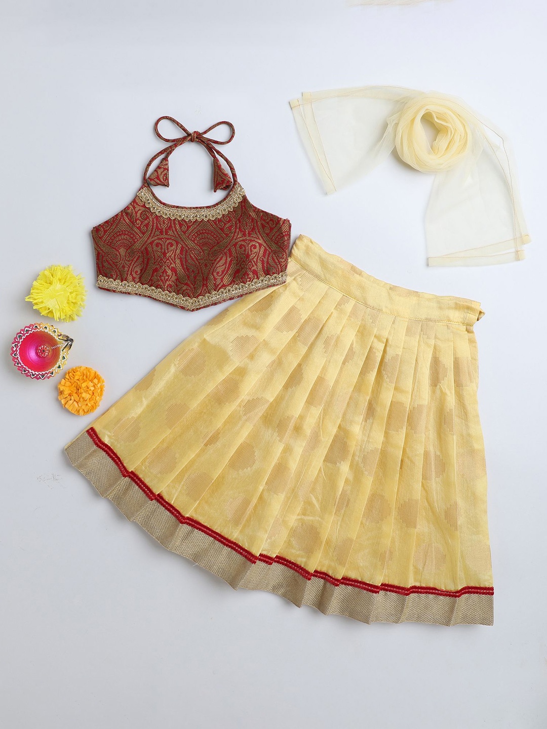 

MANY FROCKS & Girls Woven Design Ready to Wear Lehenga & Blouse With Dupatta, Yellow