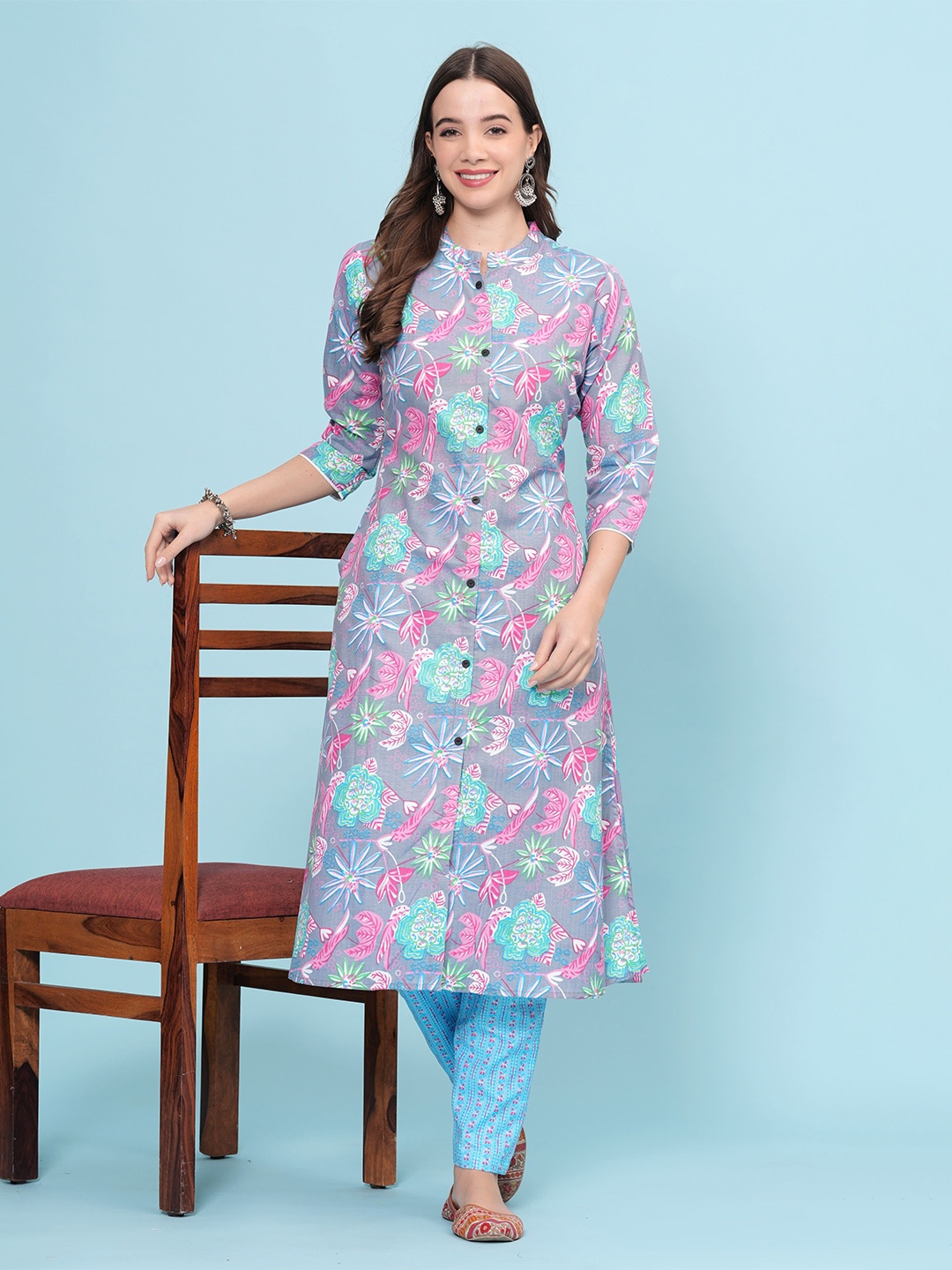 

HEARTLOOM Printed Pure Cotton A-Line Kurta, Grey