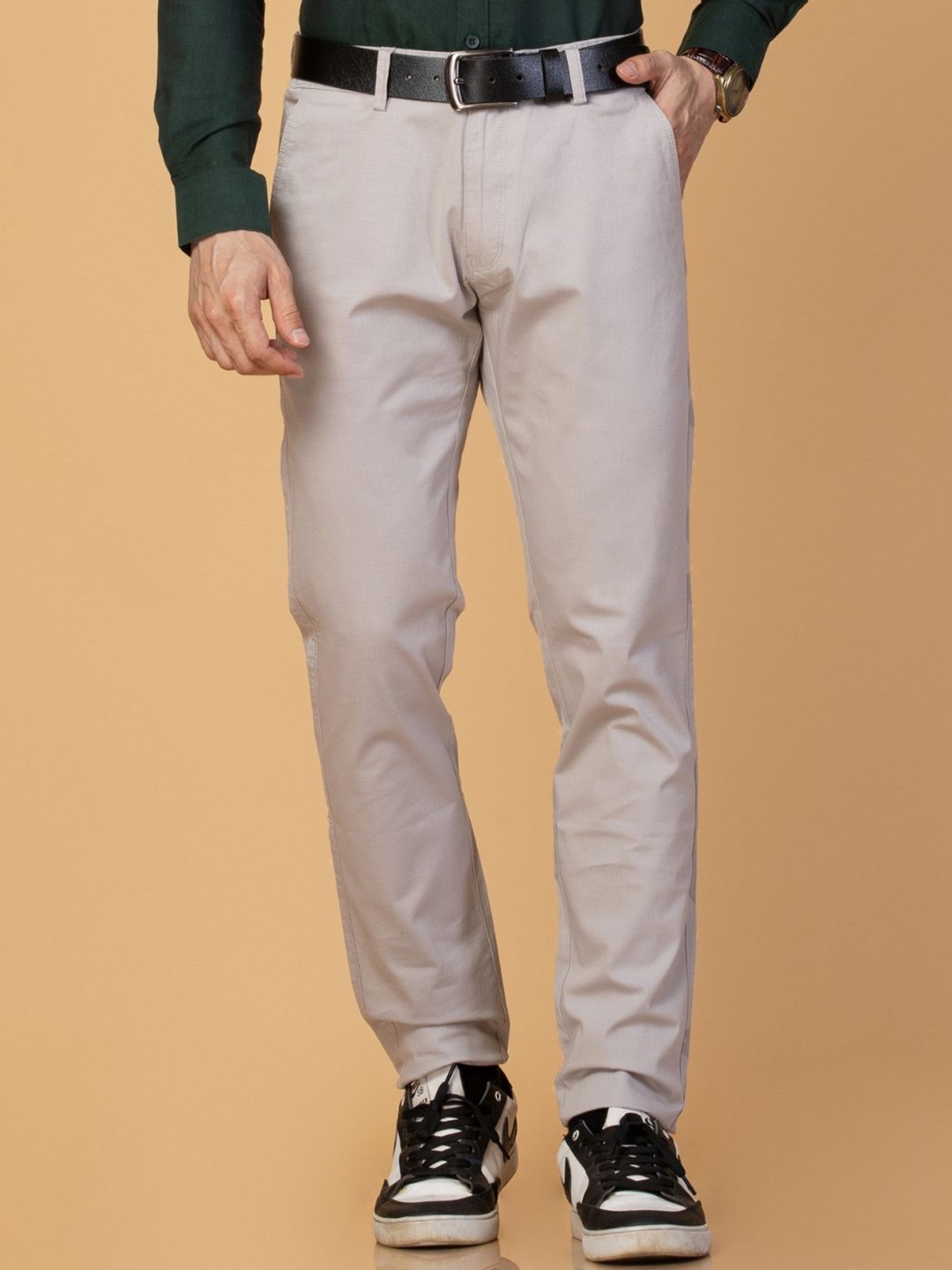 

USMC Men Textured Printed Comfort Slim Fit Casual Trousers, Grey