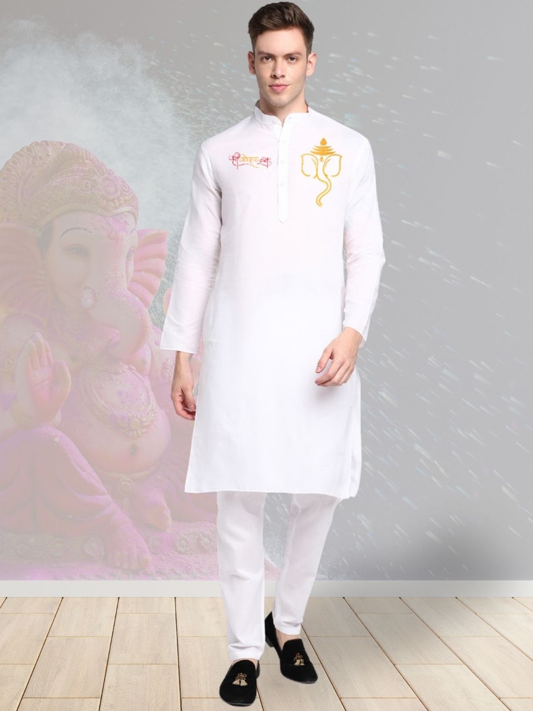 

DEVOILER Ethnic Motifs Printed Mandarin Collar Straight Cotton Kurta, White