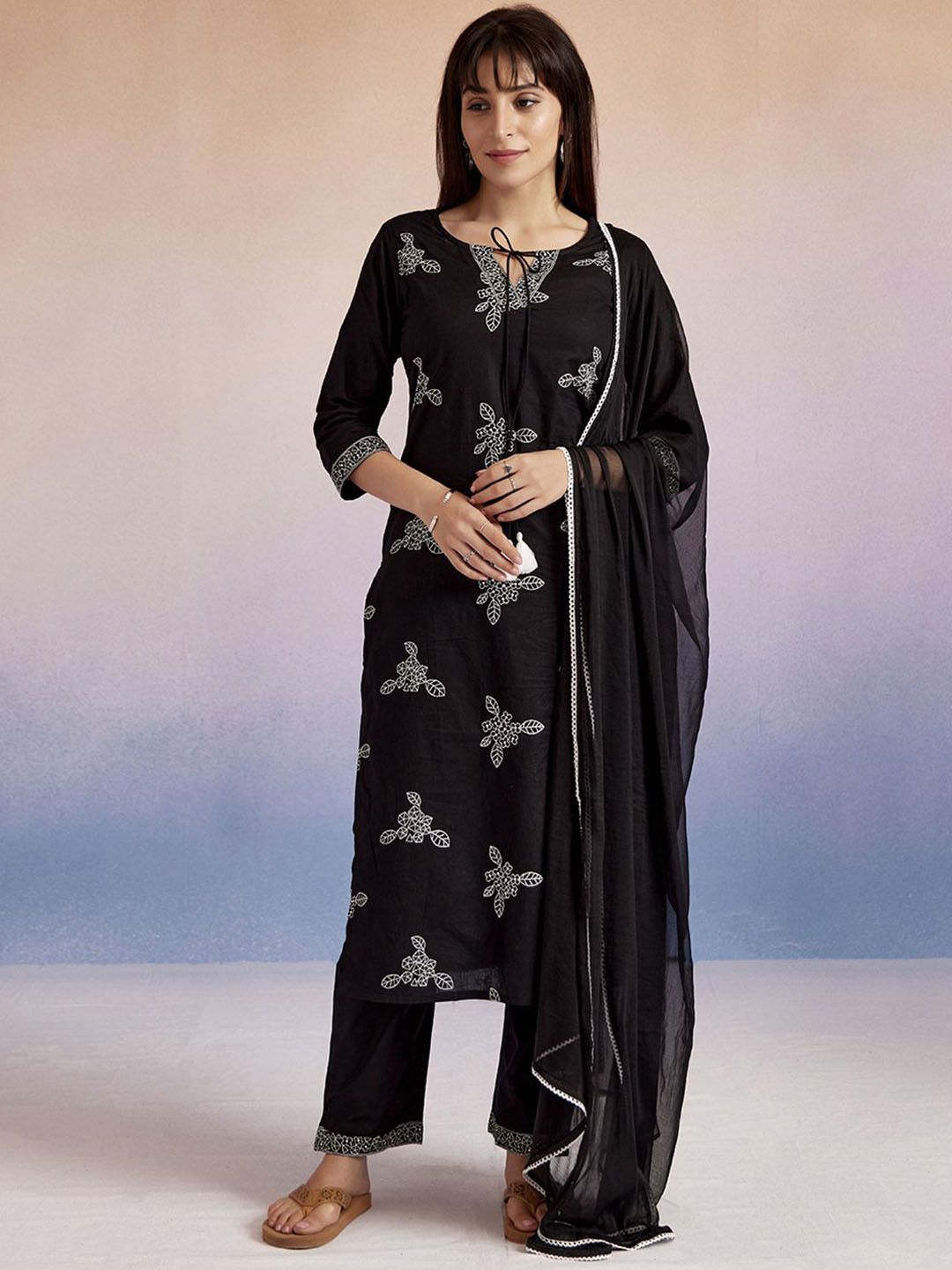 

Jaipur Kurti Floral Embroidered Pure Cotton Straight Kurta With Salwar & Dupatta, Black