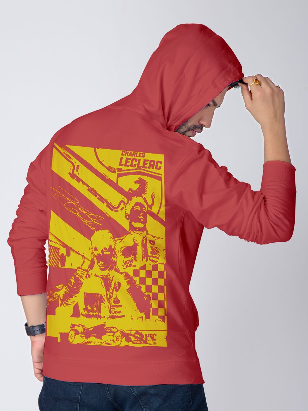 

Crazymonk Men Printed Hooded Sweatshirt, Red