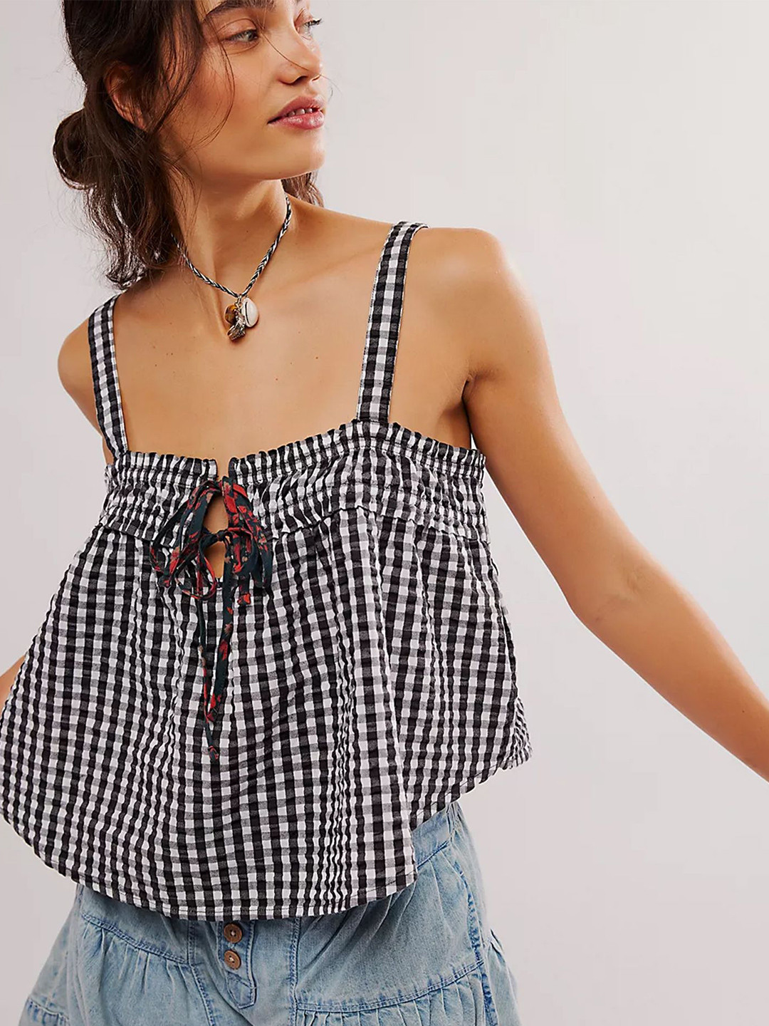 

LULU & SKY Checked Cotton Top, Black