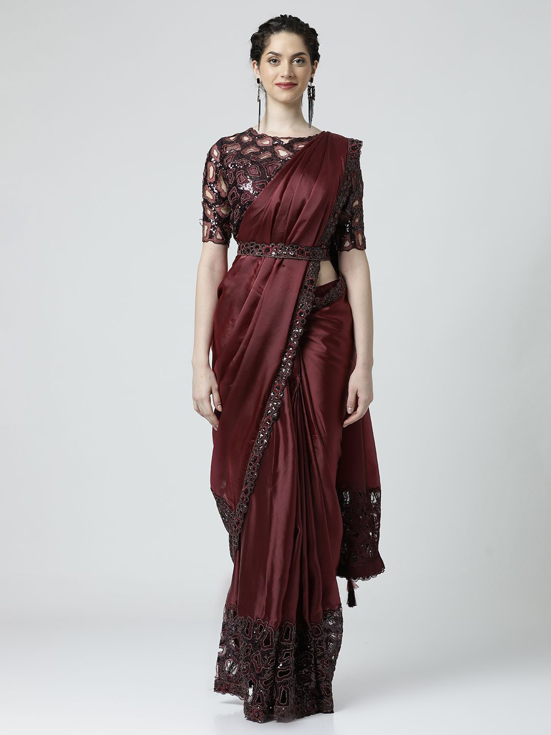 

Jaipur Kurti Sequinned Satin Saree, Brown