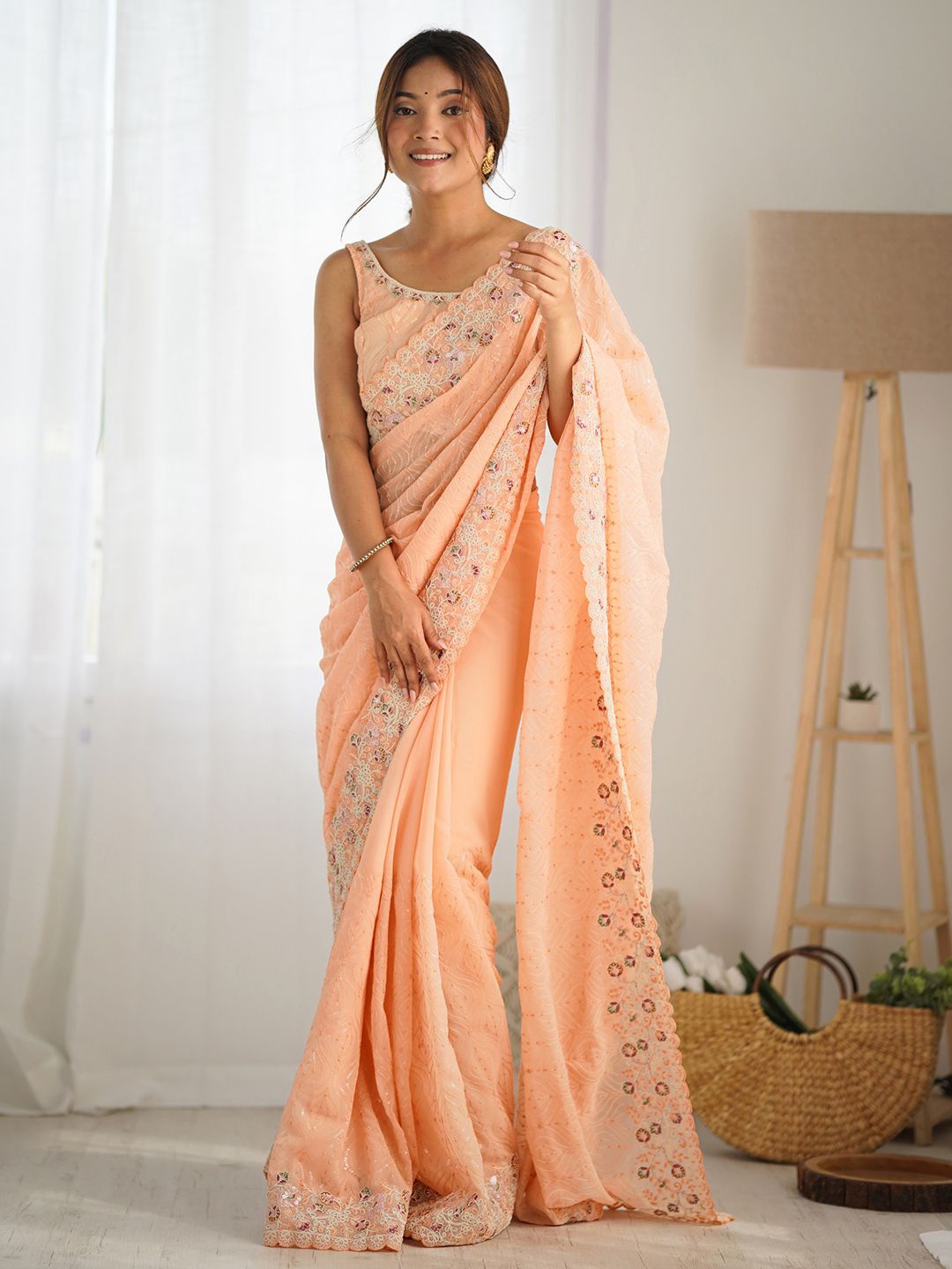 

Anouk Embellished Sequinned Poly Georgette Saree, Peach