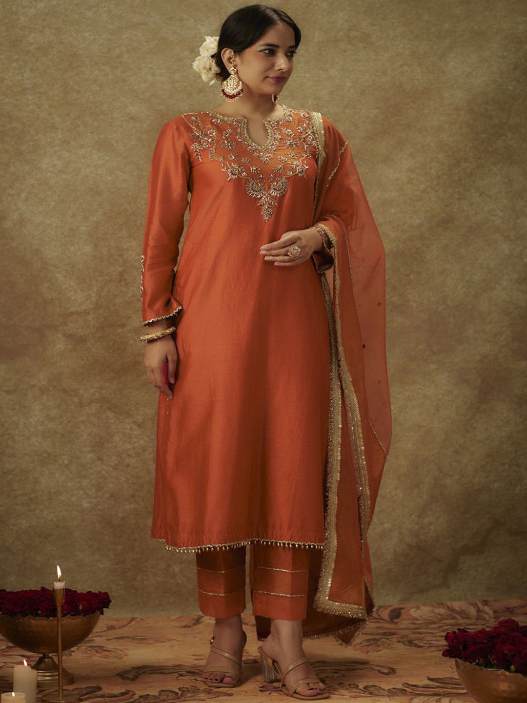 

The Aarya Floral Embroidered Beads and Stones Chanderi Silk Kurta with Trousers & Dupatta, Orange