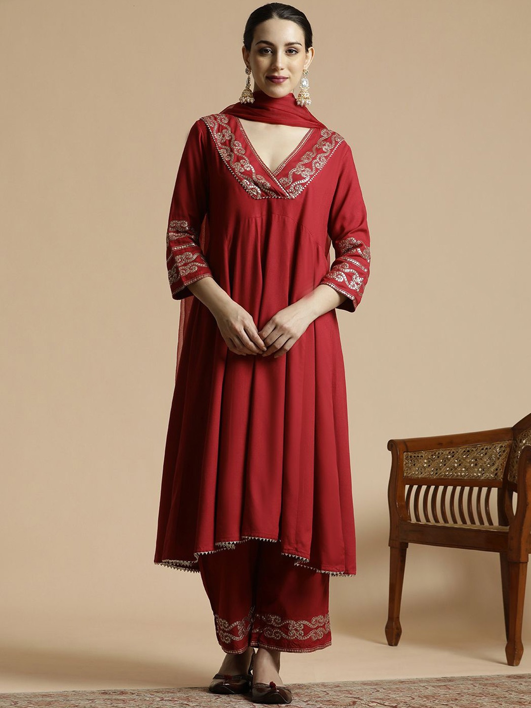 

Anouk Embroidered Regular Gotta Patti Anarkali Kurta with Trousers & Dupatta, Red