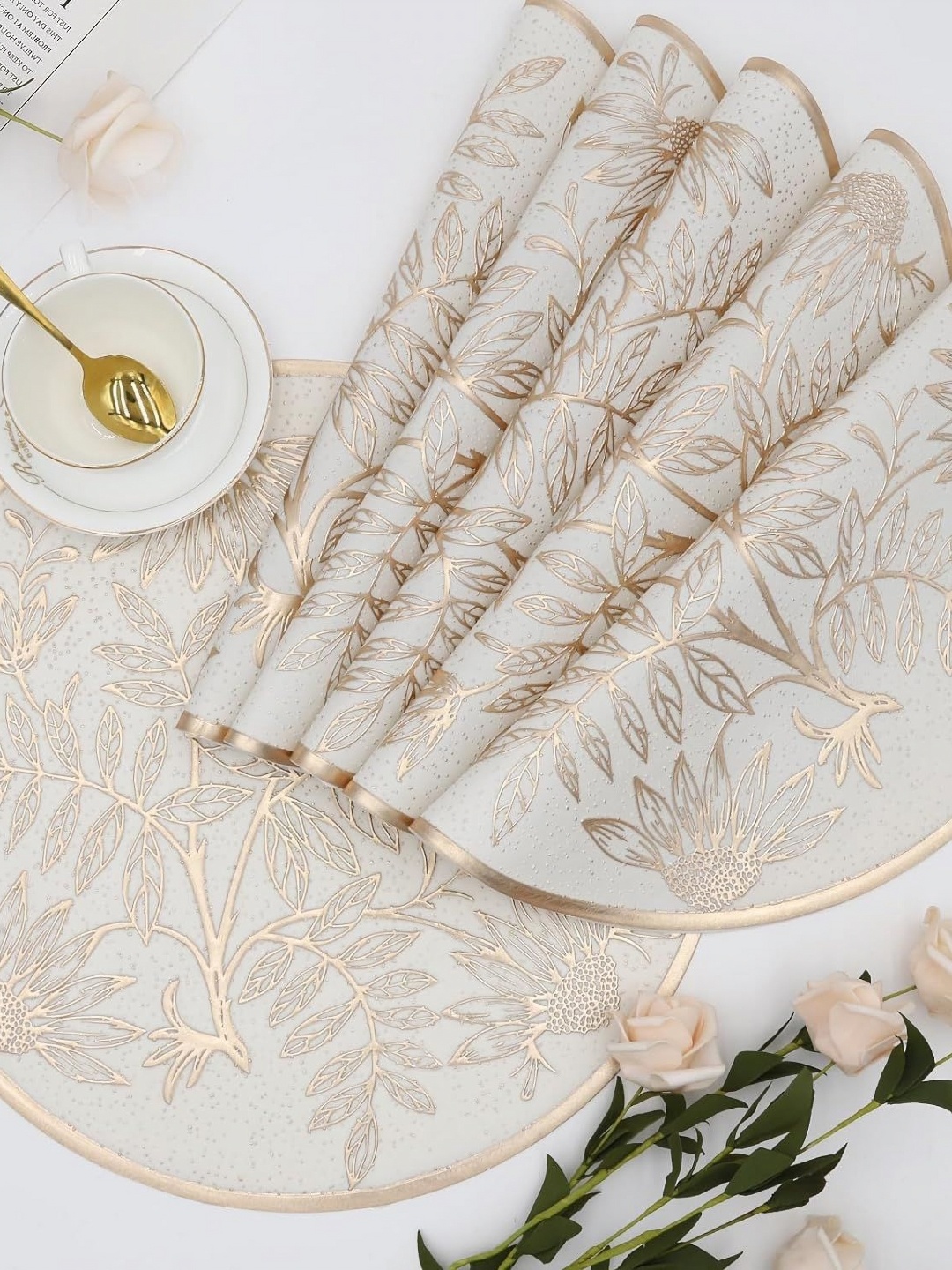 

LooMantha Beige & Gold Toned 6 Pieces Floral Textured Round Table Placemats