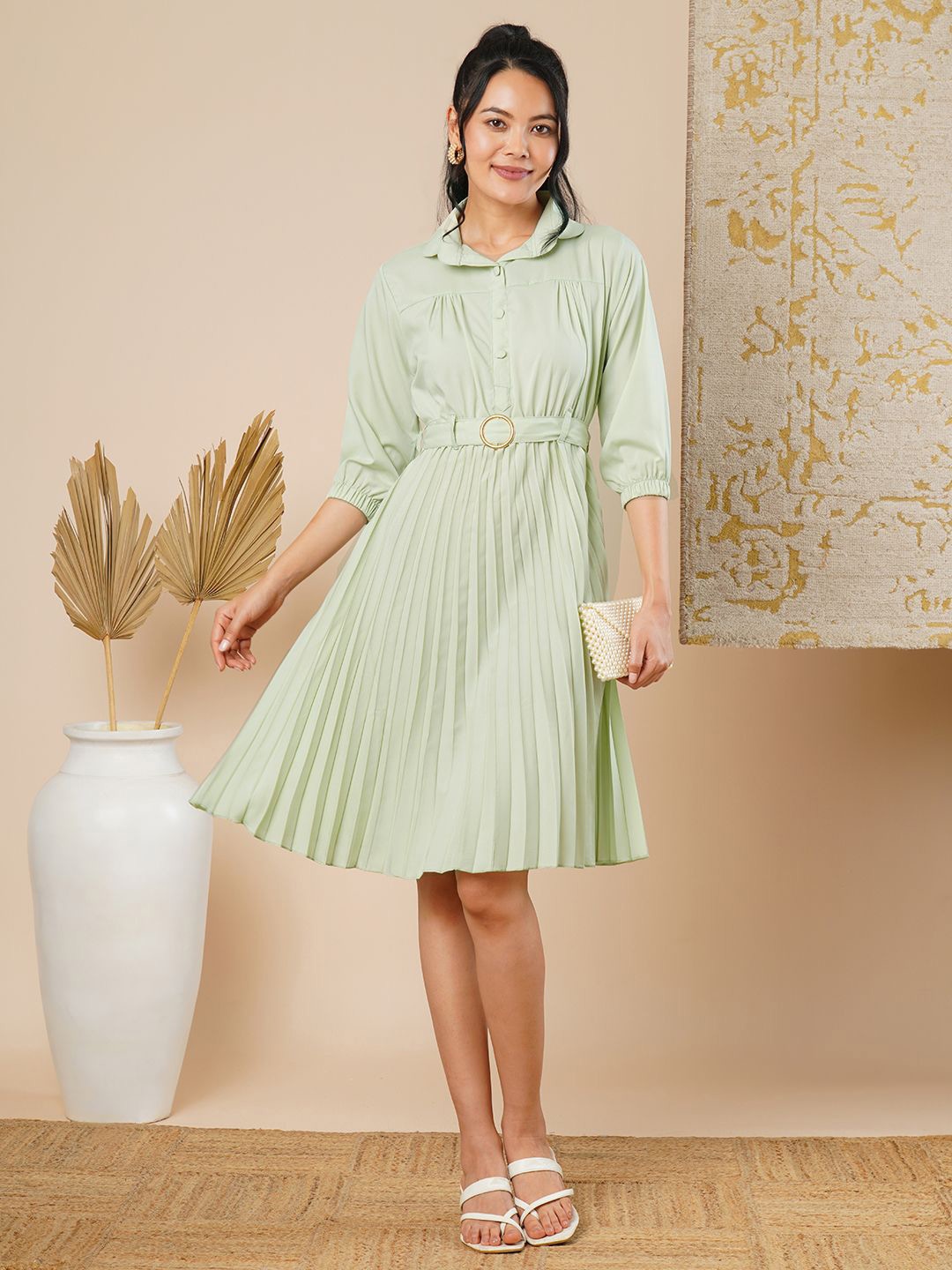 

CARTYSHOP Shirt Collar Pleated Belted A-Line Dress, Green